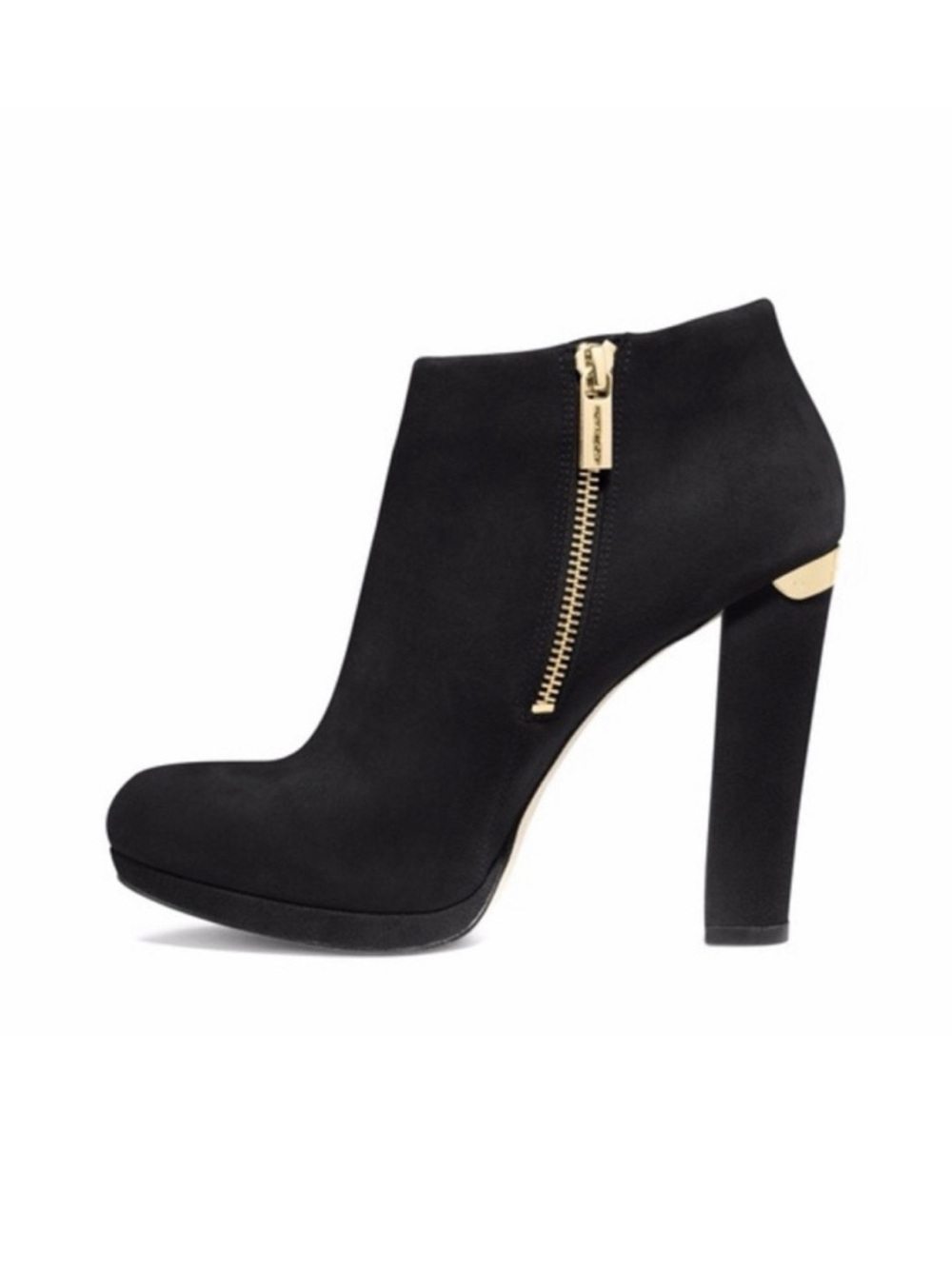 Michael Kors Black Suede High-Heel Ankle Boots with Gold Zip